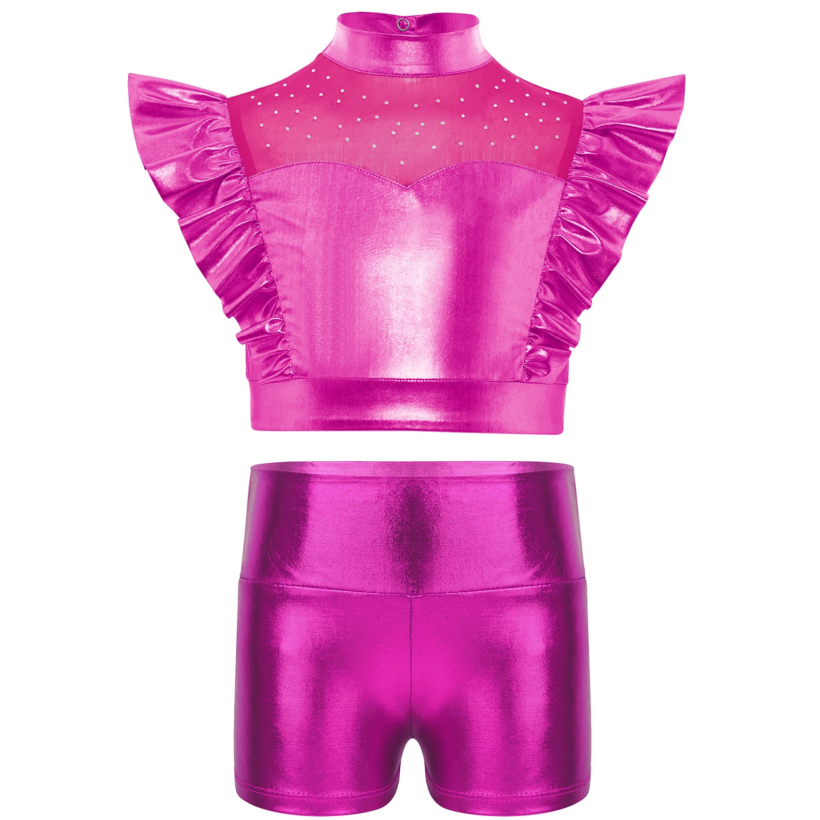 Costumi di danza jazz per ragazze per bambini Collo a lupetto con strass Maglia patchwork senza maniche Top corto metallico con pantaloncini Set Abbigliamento da ballo di strada