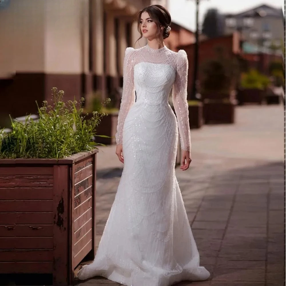 Modesto vestido de casamento gola alta com lantejoulas, mangas completas, miçangas sereia, robe noiva, pérolas elegantes, longo vestido de noite nupcial, brilhante