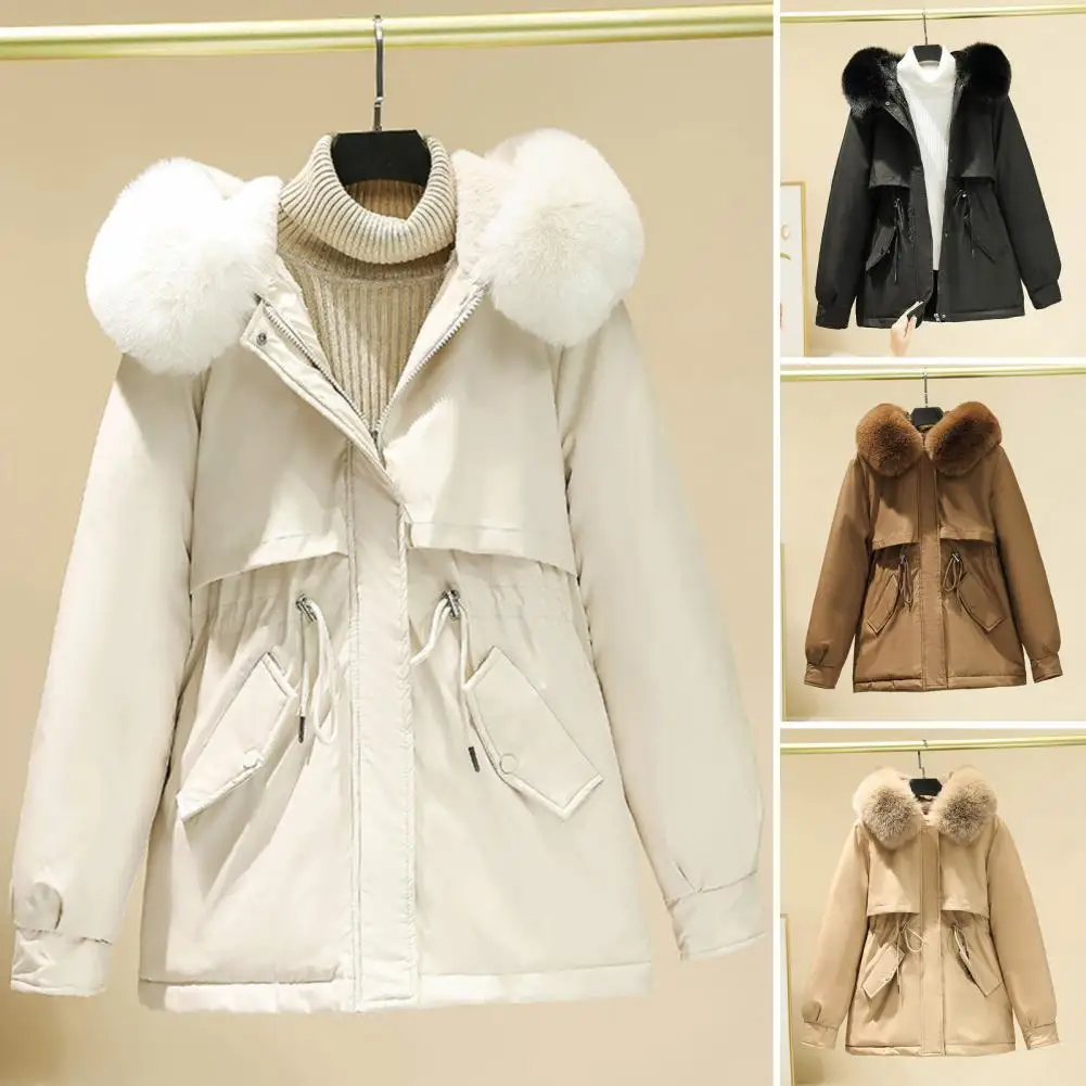 Furry Lined Hood Down Jacket Winter Coat For Women Warm Drawstring Padded Parkas Korean Casual Streetwear Female Puffer Outwear