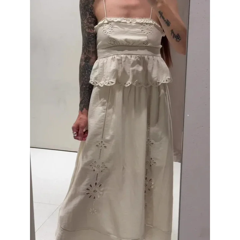 Women's Retro Sleeveless Skirt Suit Hollow Embroidery Short Suspender Top A-Line Elastic Waist Midi Skirt Summer Fashion