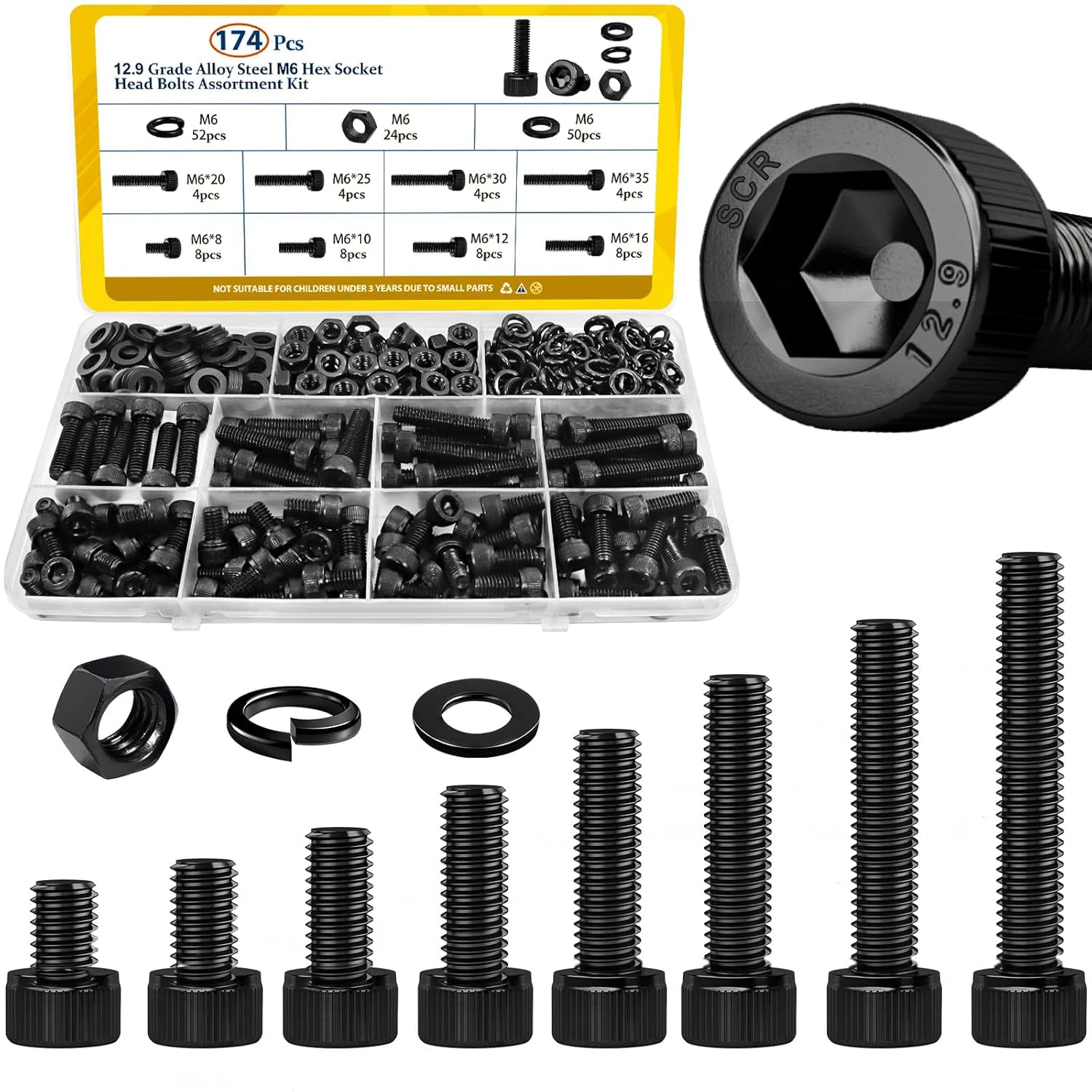 

A complete set of 174 M6×8/10/12/16/20/25/30/35 mm hexagonal head bolts, nuts and washers - 12.9 alloy steel
