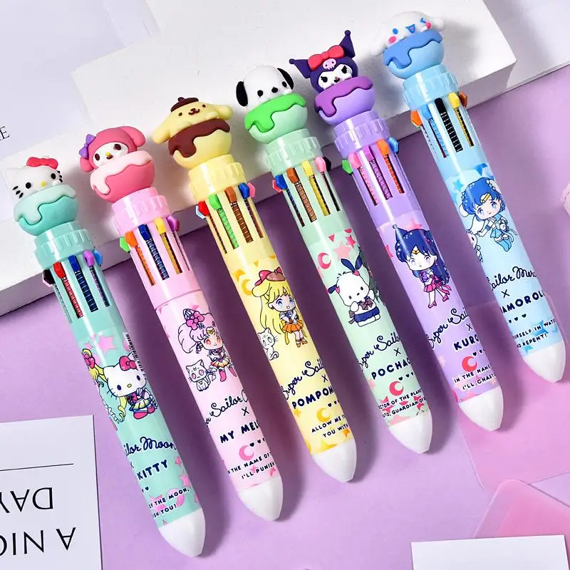 6/24Pcs Set Sanrio Ten-Color Ballpoint Pen Kawaii Cartoon Hello Kitty Kuromi 0.7Mm Pen Tip Stationery Kids Back-To-School Gift