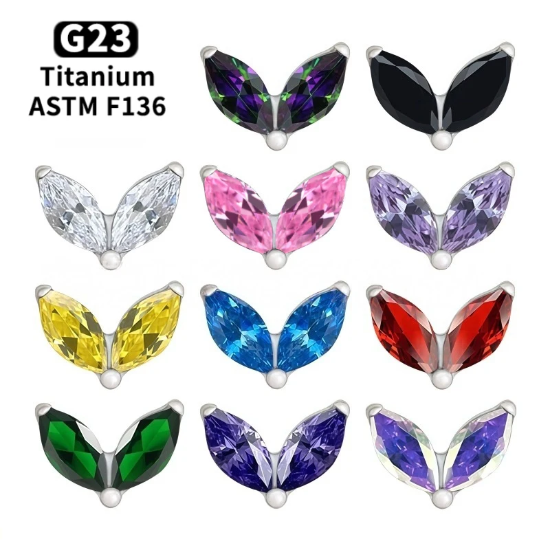 G23 Titanium 16G CZ Double Horse Eye Labret Piercing Internal Thread Tragus Helix Cartilage Flat Back Earrings Jewelry