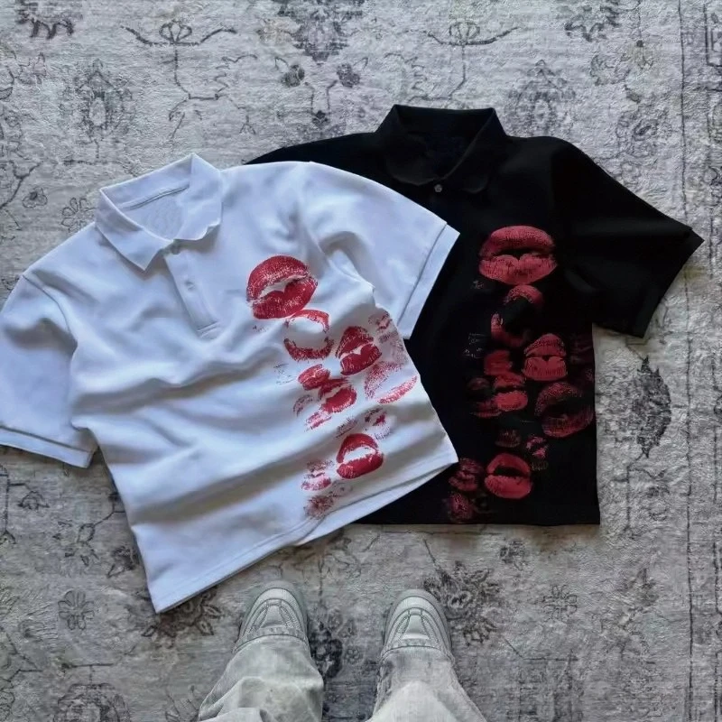 

Personality Street Style Red Subcultural Print T Shirts Turn Down All Match Casual Short Sleeve Tops Y2k Aesthetic Americna Tees