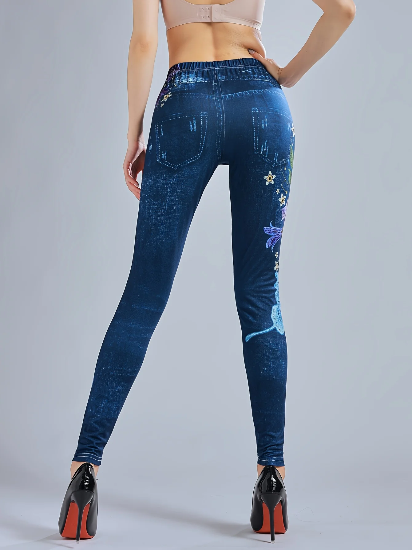 Leggings women\'s imitation denim floral printed long pants with slim fit high elasticity and high waist for casual wear