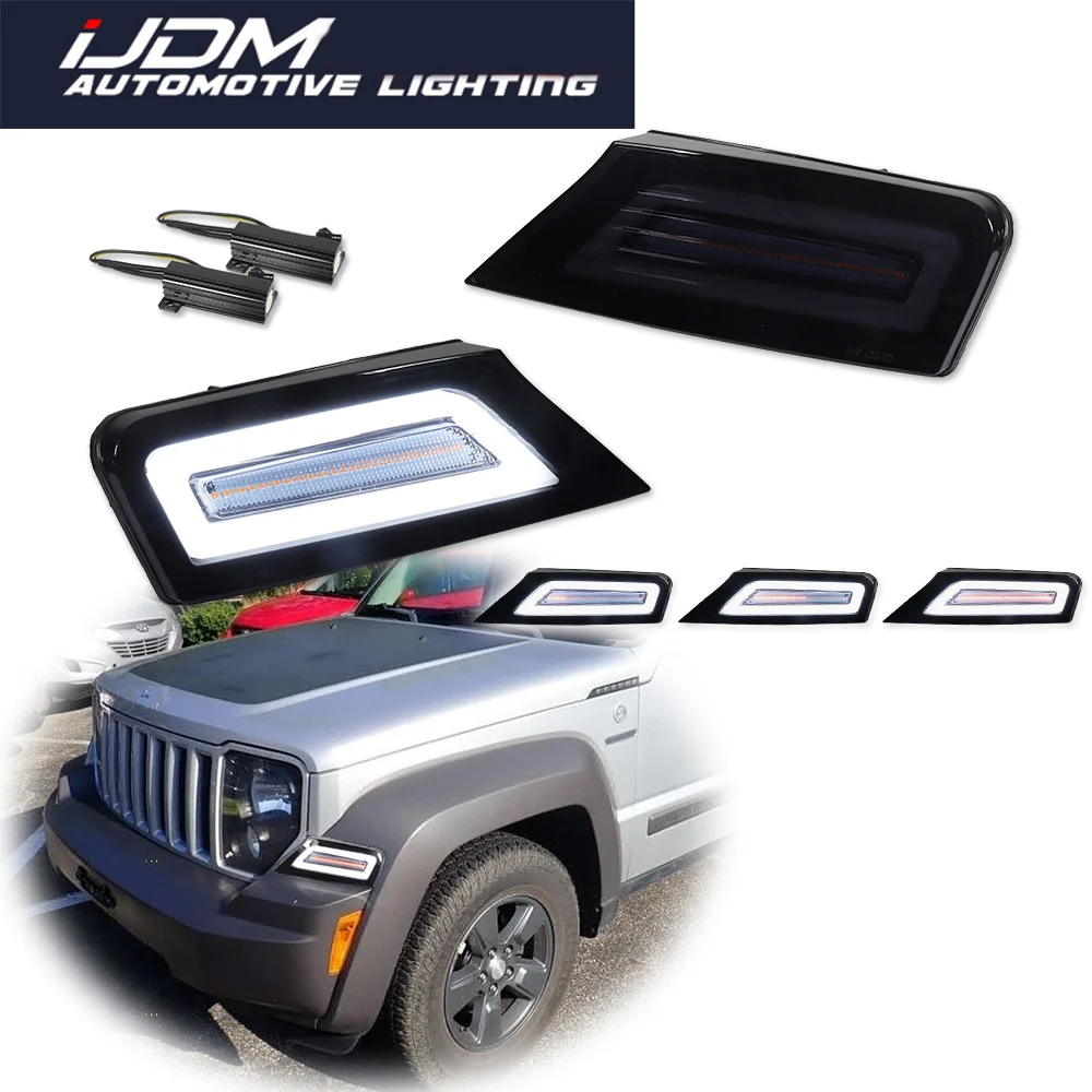 

Для Jeep Liberty 2008 2009 2010 2011 2012, динамический янтарный светодиодный передний бампер автомобиля, указатели поворота, белые фары дальнего/парковщика DRL