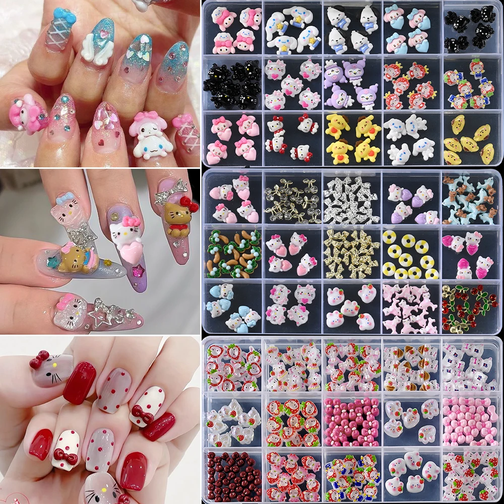 15 شبكة/صندوق مرحبا كيتي رسومات أظافر سحر الفراولة أرنب مرحبا كيتي Bowknot مسمار الزينة الراتنج هريرة Y2K مانيكير سحر #3