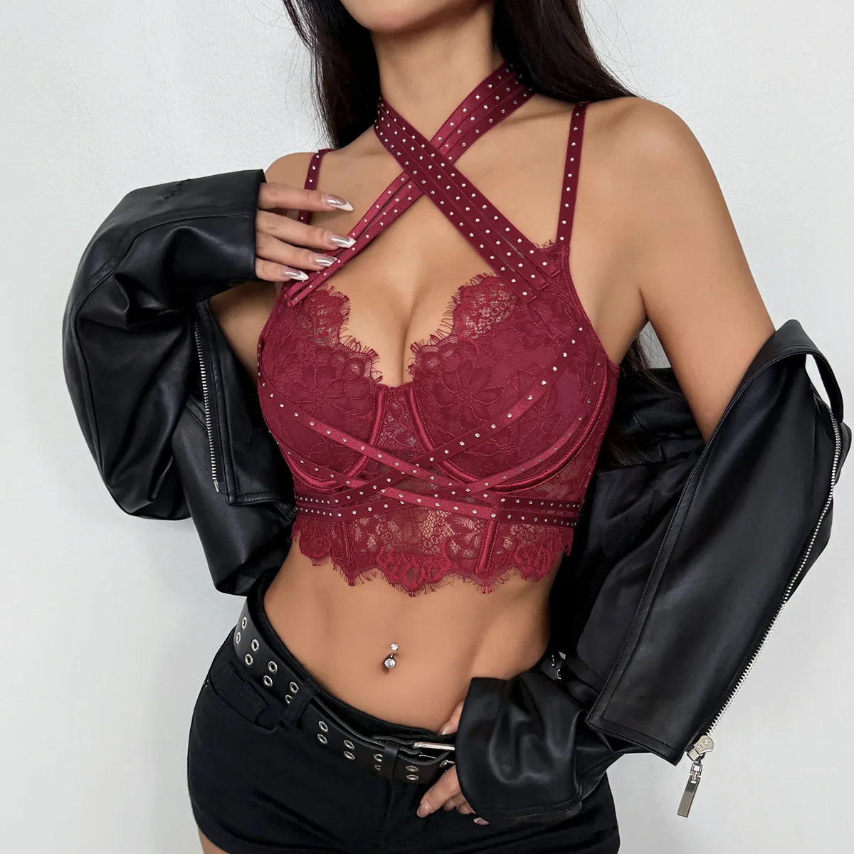 Y2K Schwarzes Spitzen-Neckholder-Korsett Crop Top Transparentes Netz Durchsichtiges Fischgräten-Bustier Sexy Trägerloses Top Damen Streetwear Club Party – Detail 7