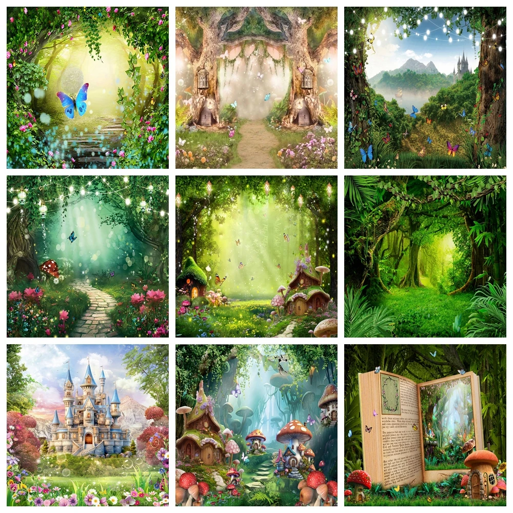 

Enchanted Forest Photography Backdrop Fairy Tale Butterfly Mushroom Baby Shower Birthday Party Photo Background Photostudio Prop