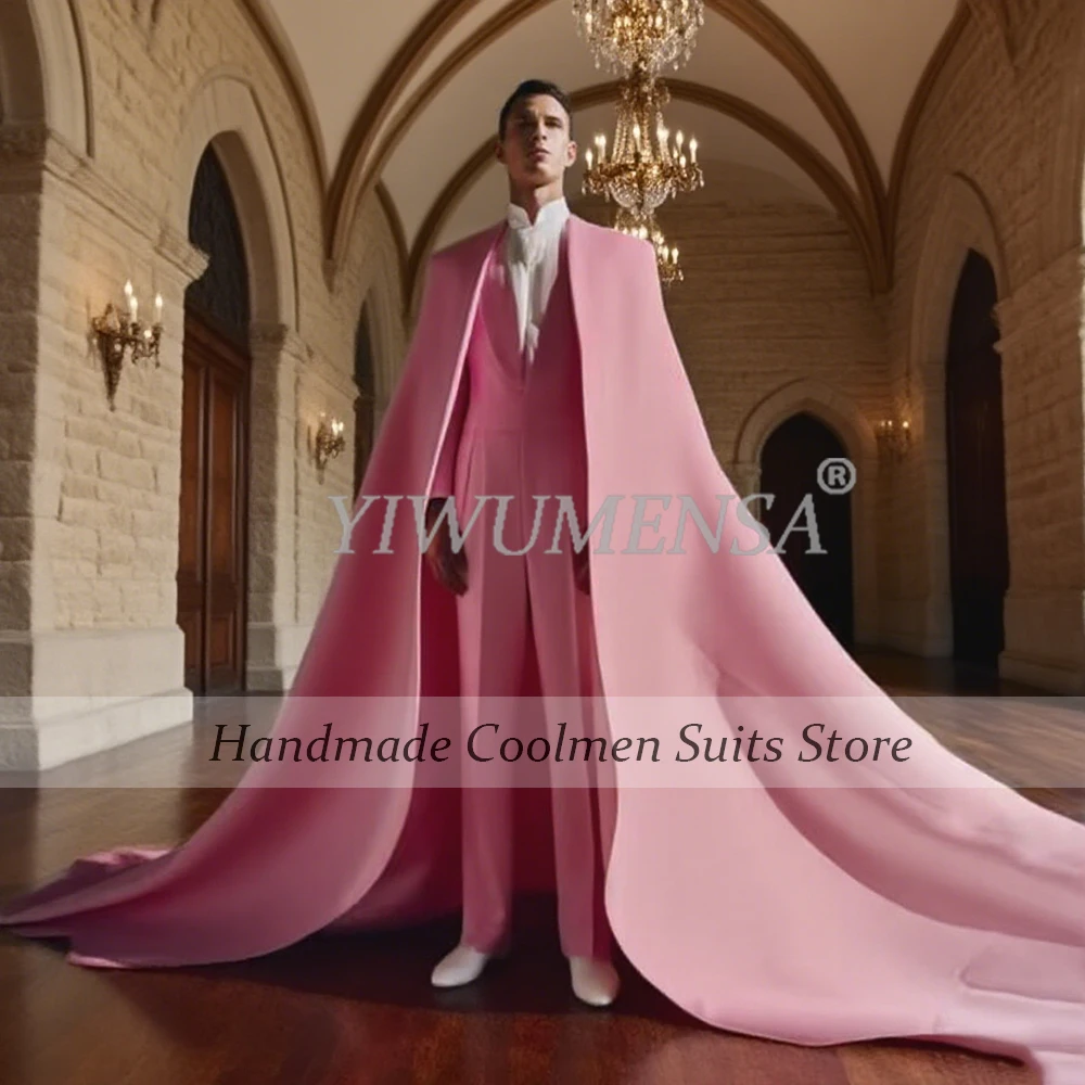 

Unique Design Suits Men 3 Pieces Sets (Long Cape Jacket Pants) Groom Wedding Tuxedos Costume Homme Customized Man Banquet Dress