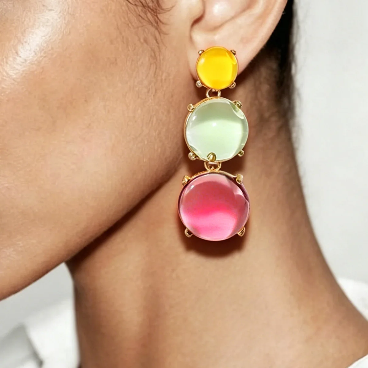 Translucent Jelly Color Dangle Three Tiered Round Drop Earring Pastel Hue Sweet Juicy Look Girl Summer Party Statement Brincos