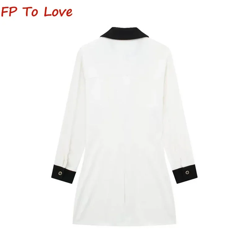 2024 Spring Street Style Colour Blocked Panel Dress White Lapel Single Breasted Long Sleeve Mini Dress 3897064