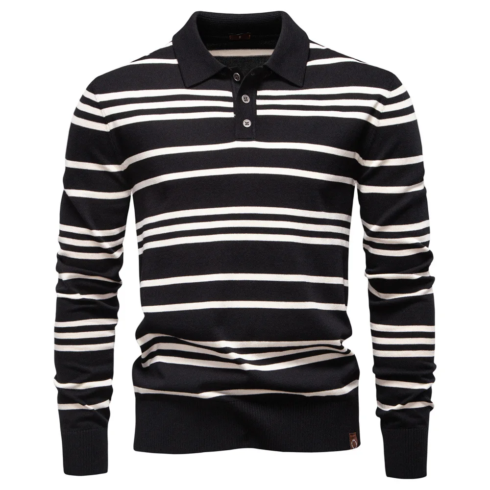 Men's European-Style Lapel Knitted Sweater Autumn/Winter 2025 Polo Collar Striped Design for Fashionable Gentlemen