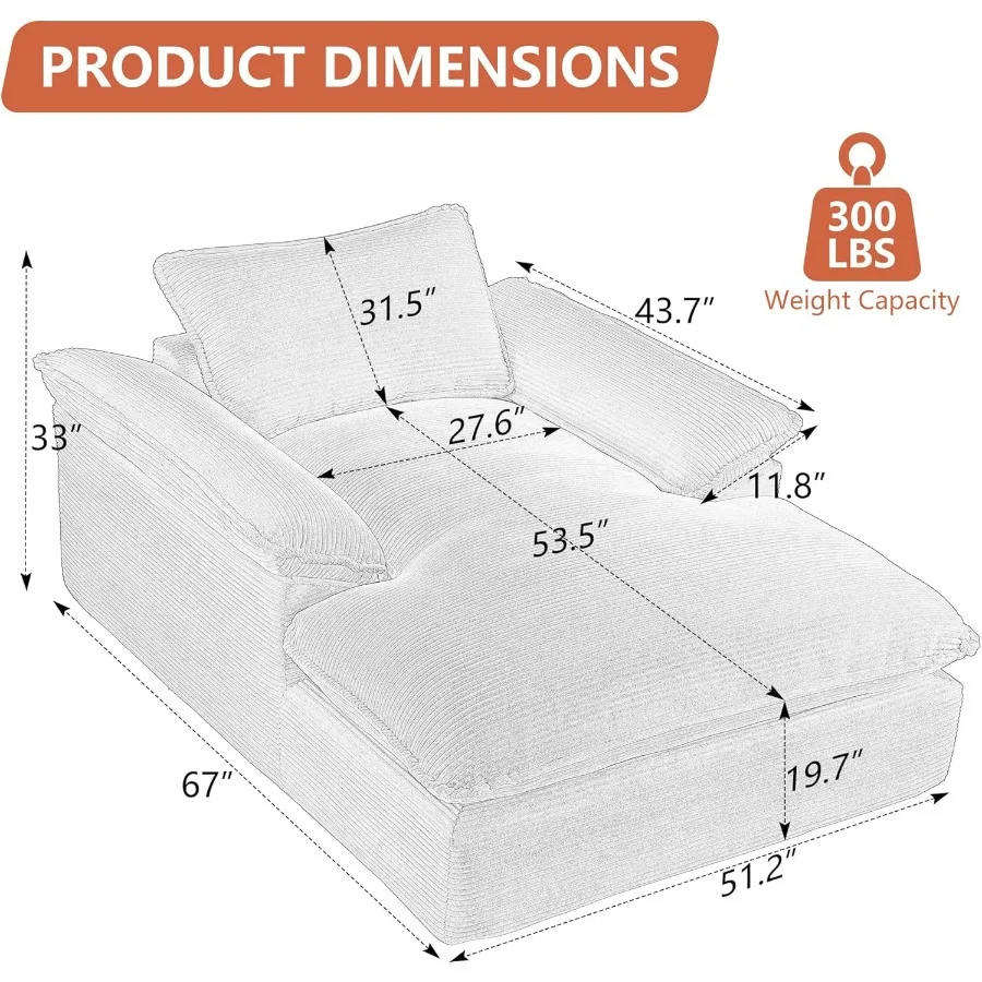 67 Chaise longue da interno in velluto a coste di grandi dimensioni, comodo divano s disossato con braccioli a cuscino per soggiorno RoomApartmentReadin