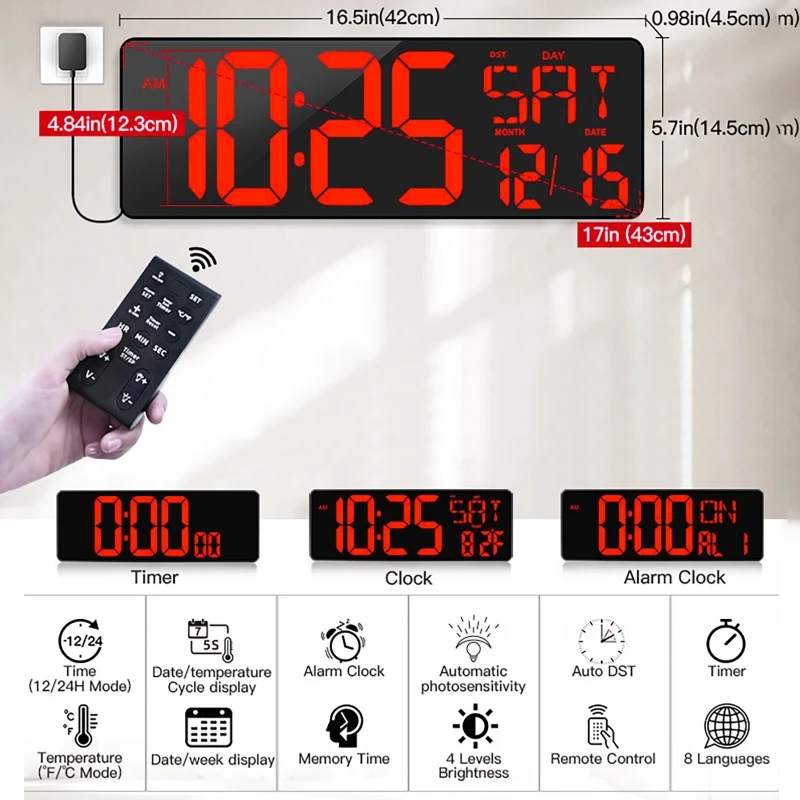 

42cm/16.5in Large Screen Wall Clock Calendar Temperature Week Display Plug-in Digital Clock with Remote Control Living Room Dec