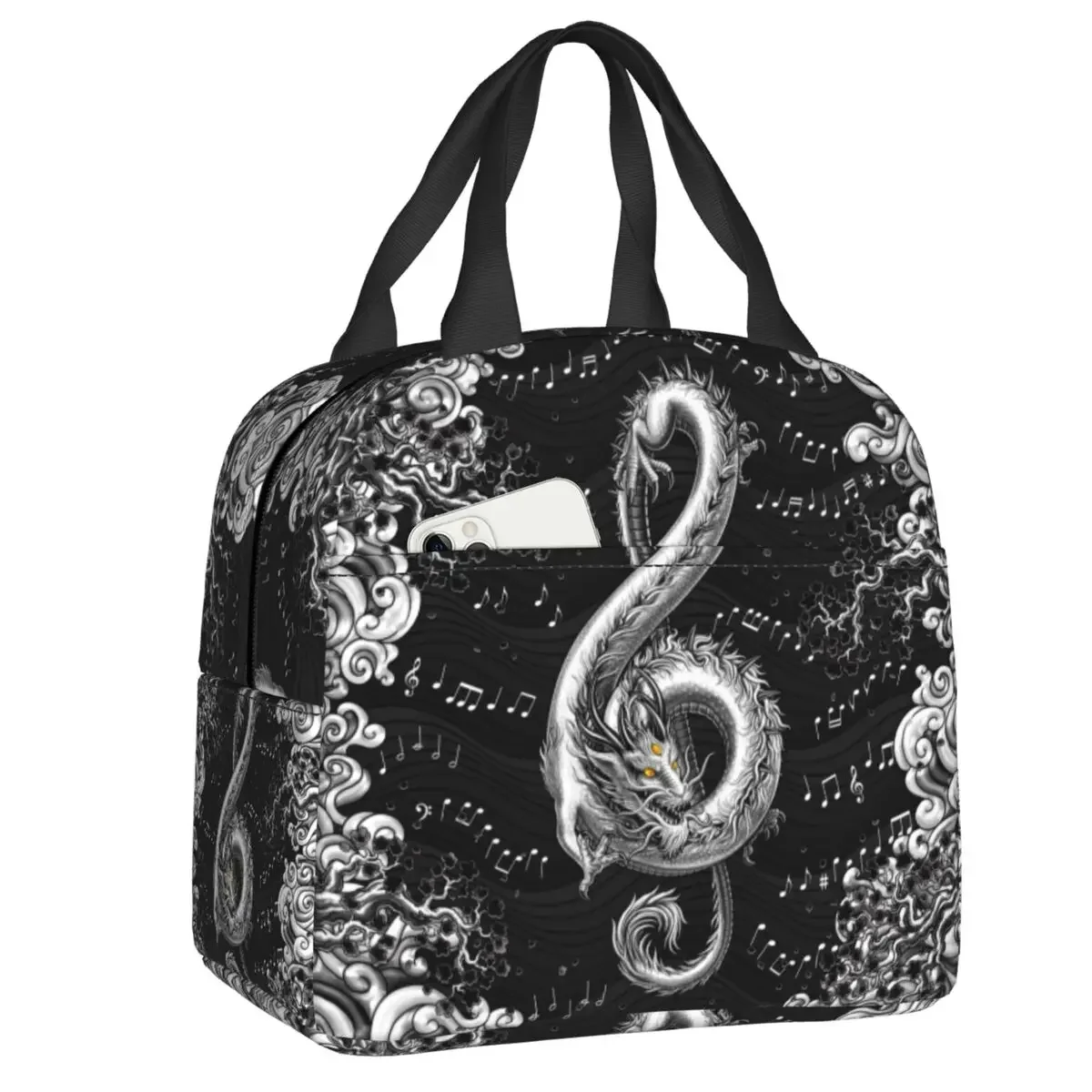 Treble Clef Music Notes Dragon Lunch Bag Men Women Warm Cooler Insulated Lunch Box for Kids School Work Food Picnic Tote Bags