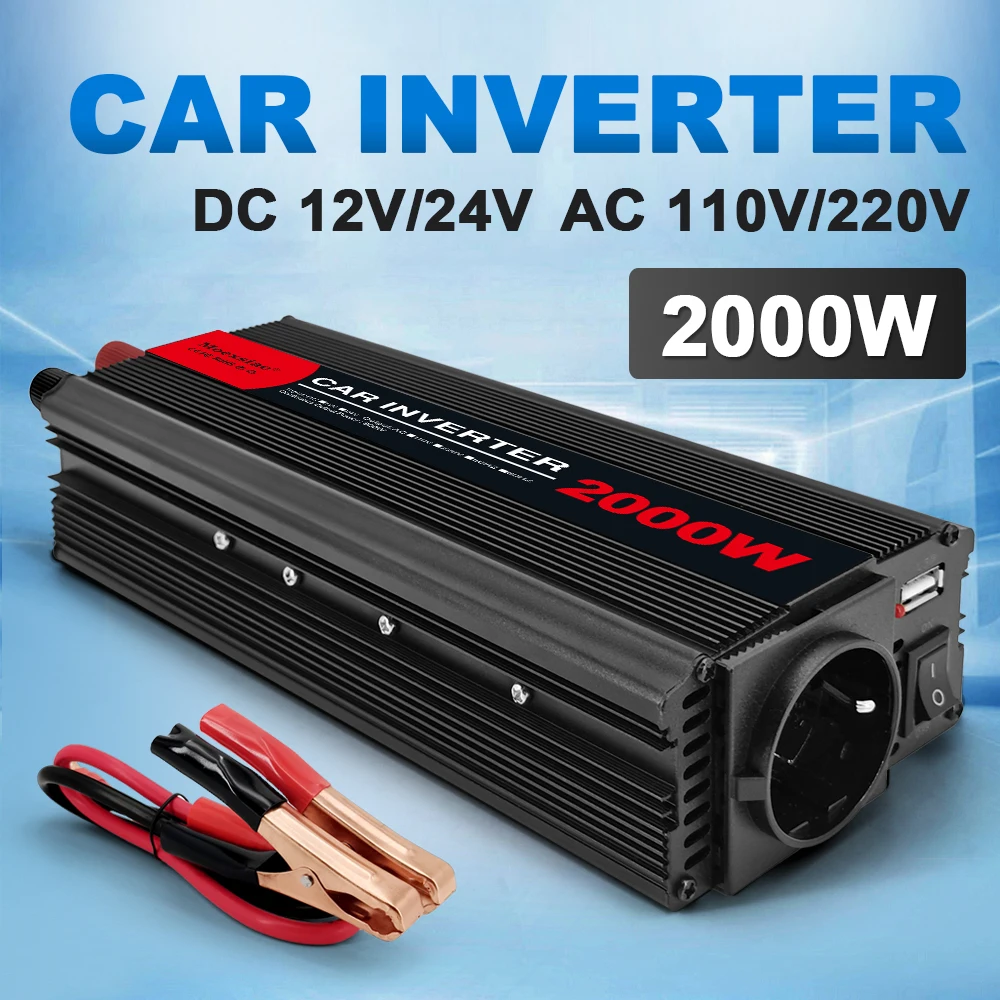 2000W Power Inverter Transformer DC 12v to AC 220v Auto Converter Solar Voltage Converter Black for Outdoor Auto Accessories