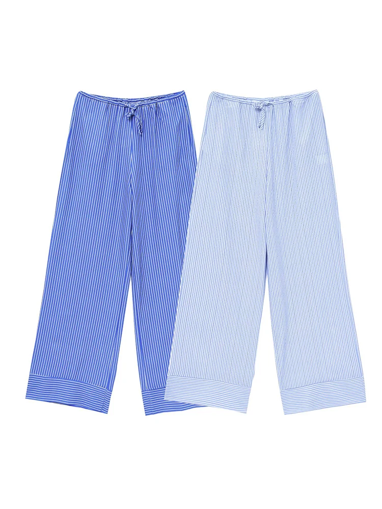 HH Women Summer Lace-up Striped Strained Slides Wide-Legging Casual Trousers Female Elegant Commuter High Street Ankle Pants