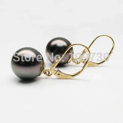 PRETTY!ROUND!10.8MM BROWN TAHITIAN PEARL EARRING/G14K (C0327)