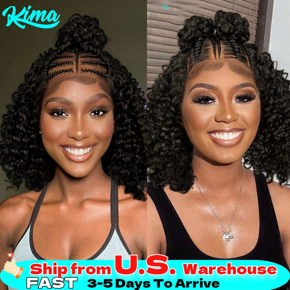 KIMA Synthetic Curly Bob Braided Wig 16 inches 13*4  Lace Front Wigs Cornrow Braids with Baby Hair Braiding Wigs