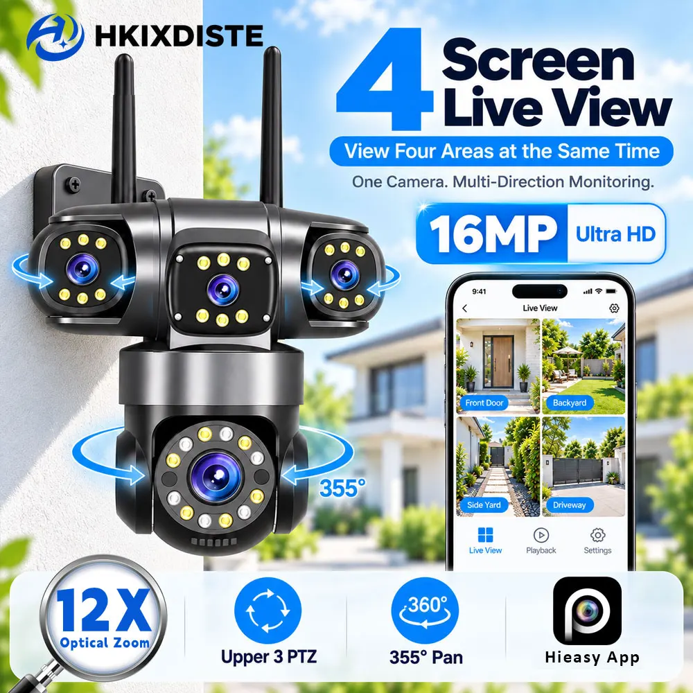 4 Lens 16MP WiFi Security Camera 12X Zoom Outdoor PTZ Camera 355° Pan Tilt Auto Tracking 4 Screen Live View Home Surveillance