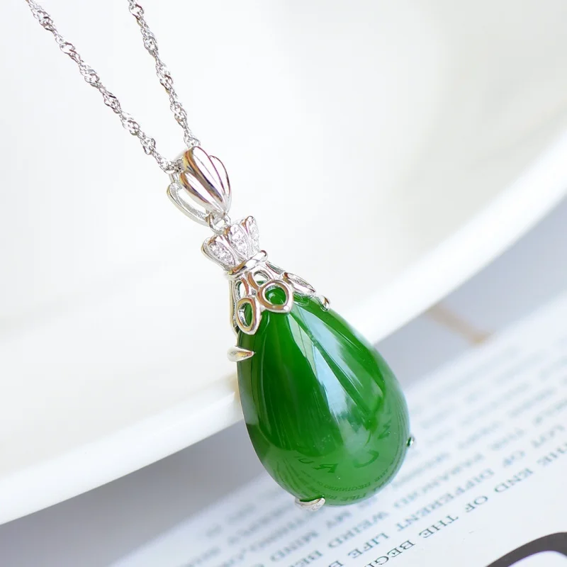 s925 silver inlaid Hetian necklace women, new model with jade drop pendant