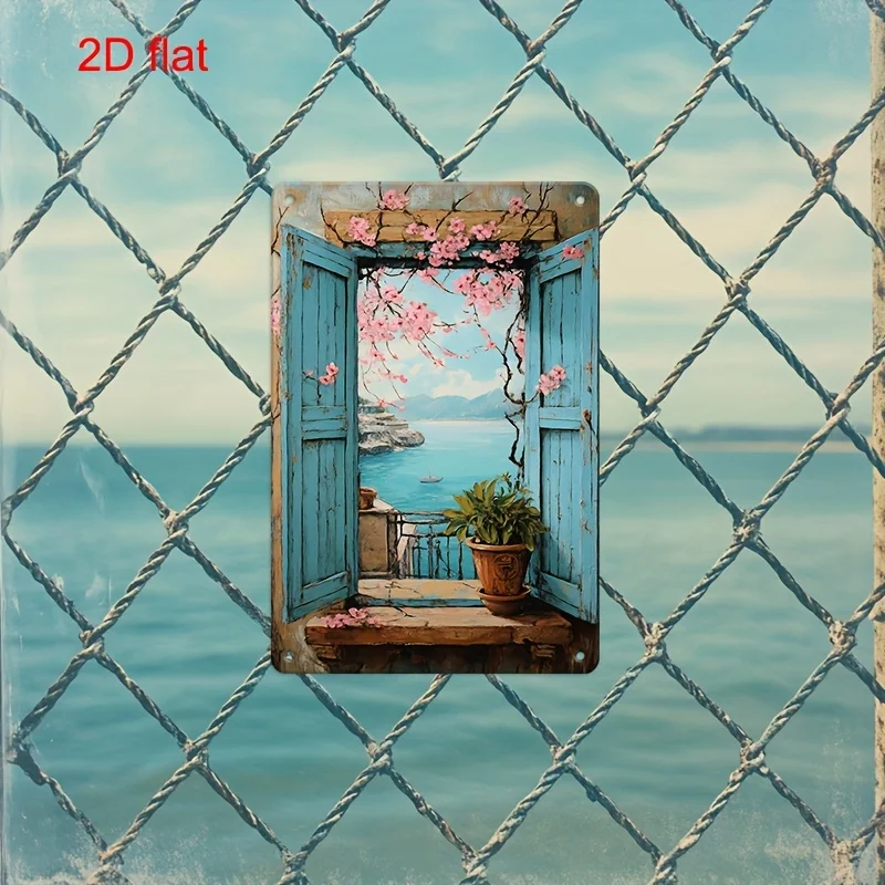 2D-Metallschild, Vintage-Fenster mit Meerblick, Wandkunst, 20x30cm/7.9x11.8in, Vorgebohrt, Rustikal für Innen- und Außenbereich, Zuhause, Büro, Garage