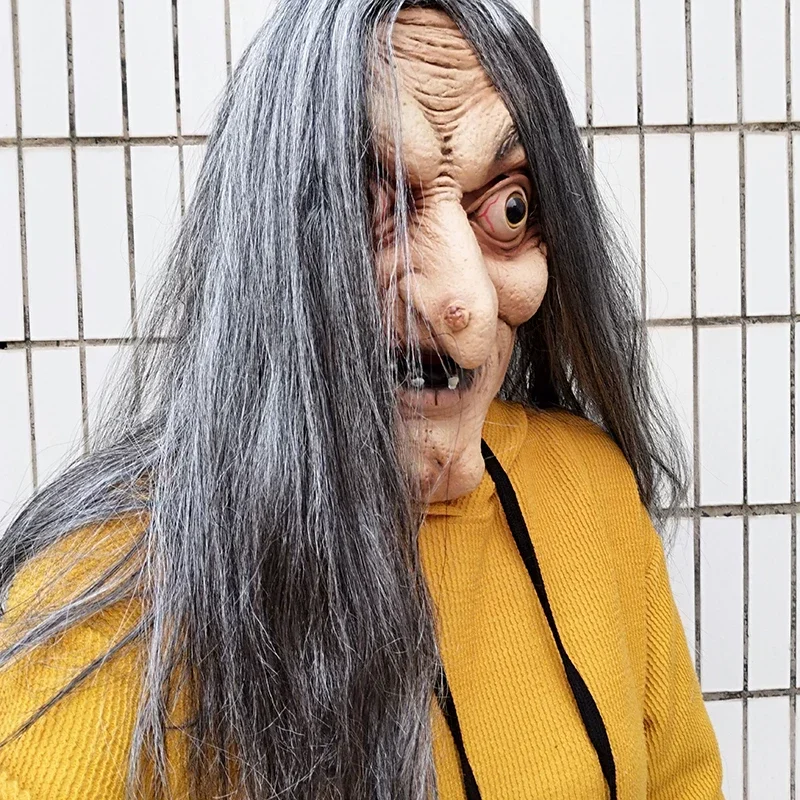 Uma máscara de bruxa velha assustadora látex com cabelo halloween fantasia vestido careta festa traje cosplay máscaras adereços adulto um tamanho