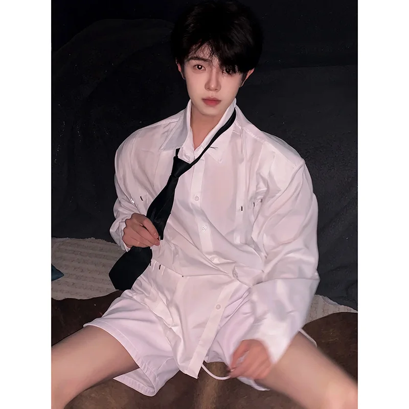 

White Long Sve Men's irt oulder Pads Spring Autumn New Sle Faionable Loose Fit Youthful Trendy