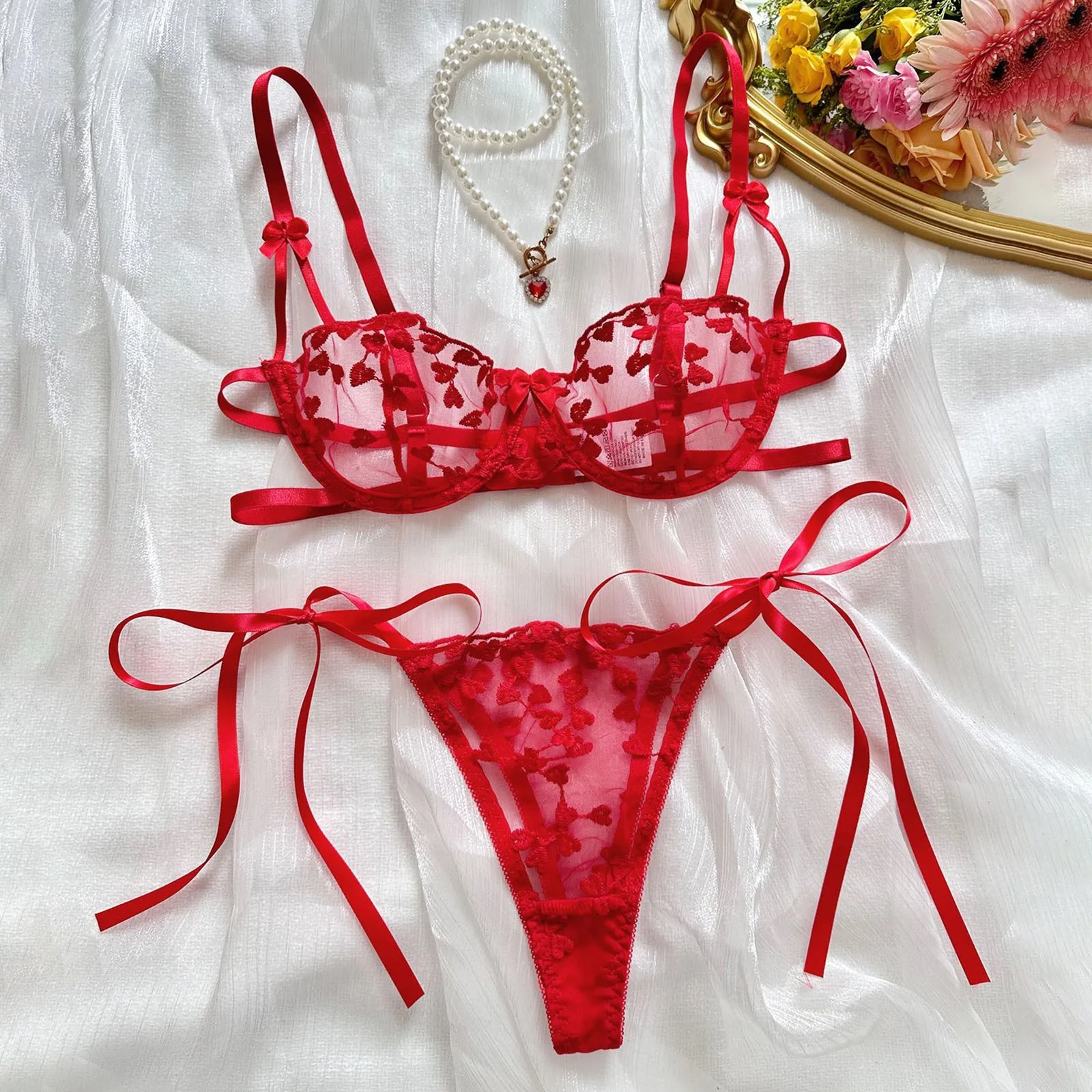 Women Lace Trim Underwear Set Erotic Sexy Lingerie Set Sweet Spicy Perspective Bra Suit Thin Belt Transparent Exotic Clothing