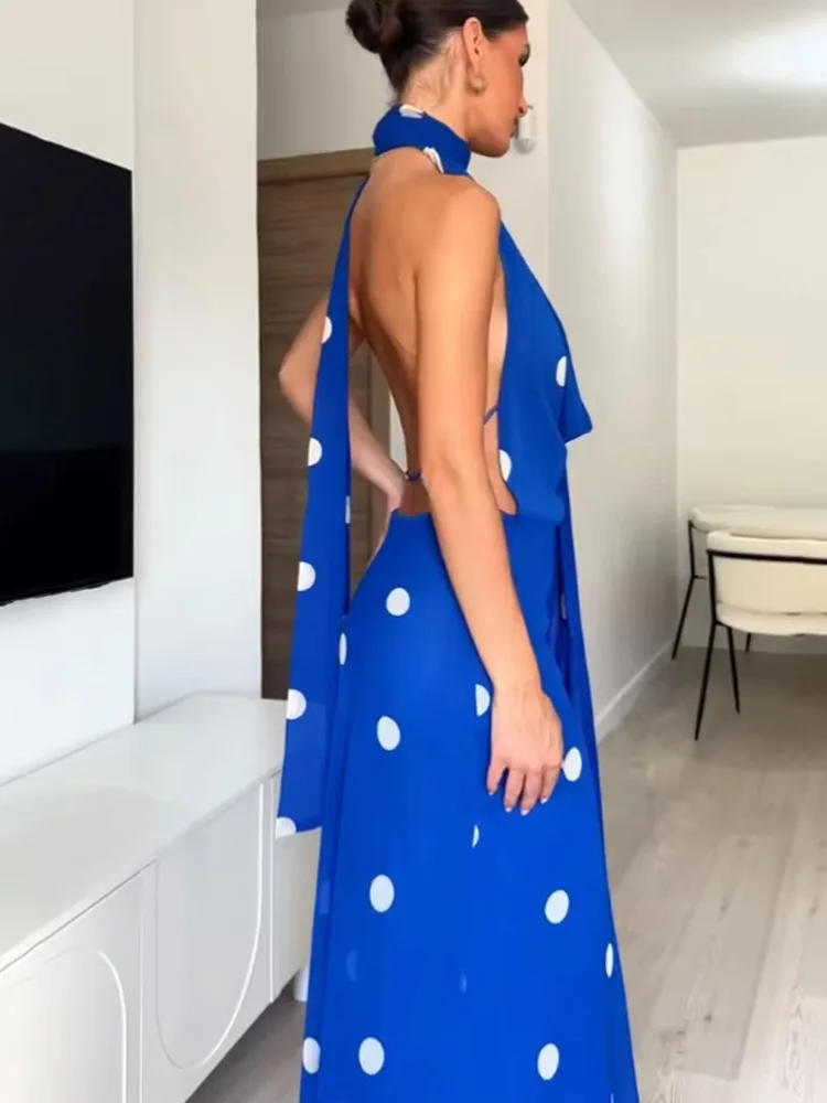 HH dames zomer strandstijl lange jurk stippen swingende kraag rugloze rits vrouwelijke mode sexy mouwloze jurken trendy