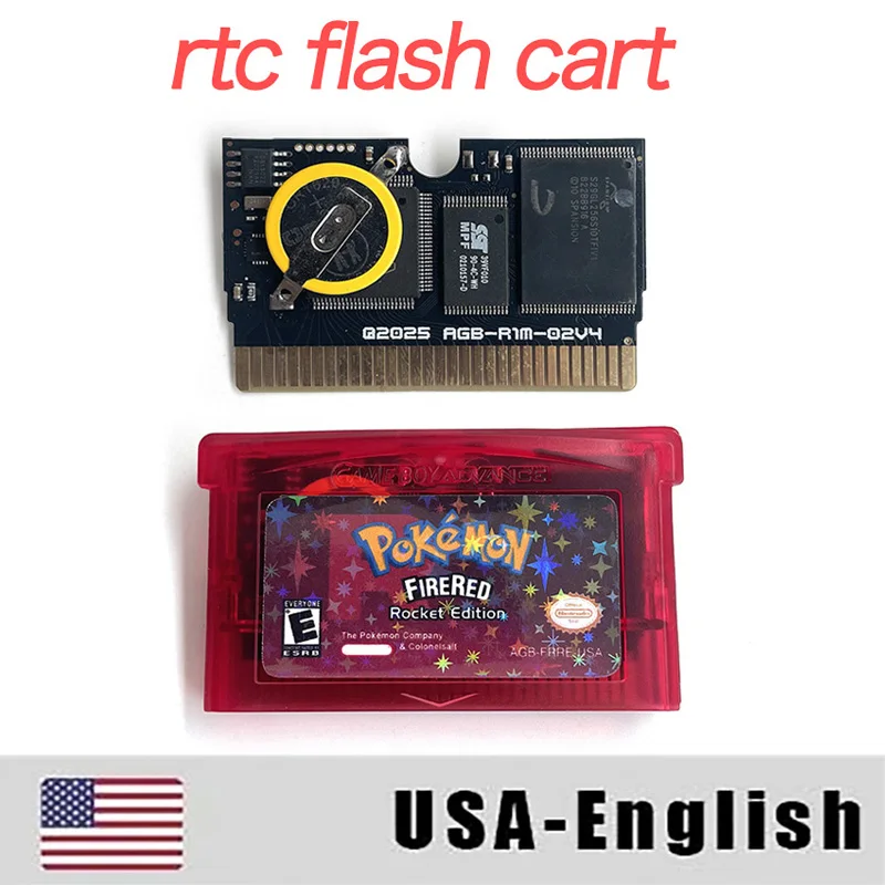 RTC Flash cart USA version English pokemon firered rocket edition Metallic Holographic Box Inner Tray Game Cartridge for GBA