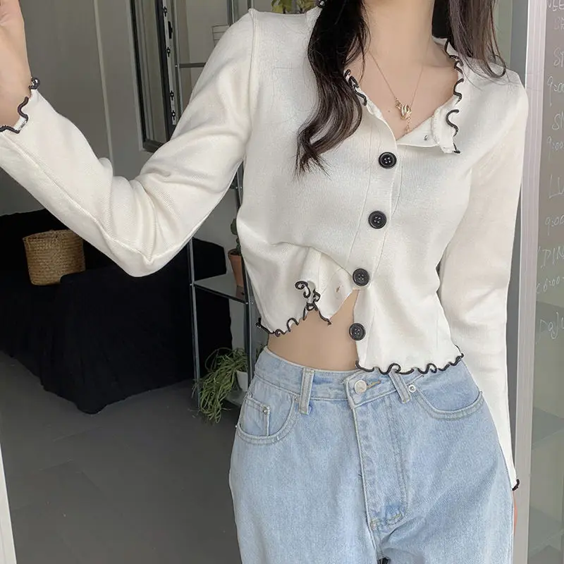 Простой однобортный вязаный кардиган с круглым вырезом, новый шикарный милый топ для девочек