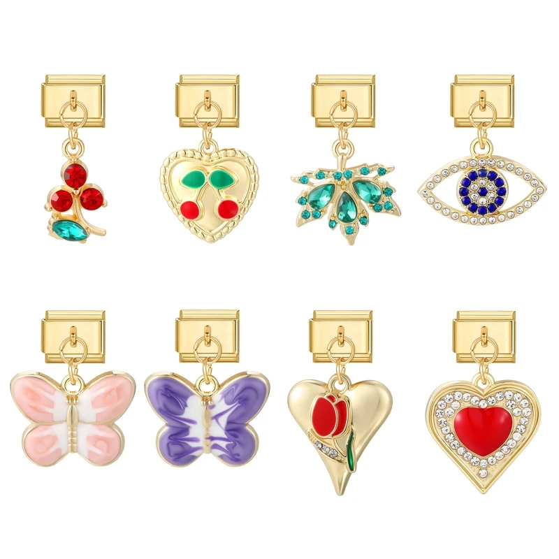 

Gold Color Butterfly Cherry Rose Heart Eyes Pendant Italian Charm Link Fit 9MM Stainless Steel Bracelet Women Men DIY Making