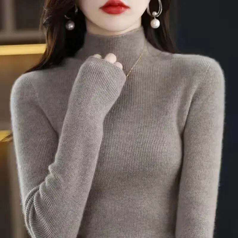 Solid Half Turtleneck Knit Sweater Women Autumn Winter Korean Long Sleeve Pullovers Fashion All Match Thick Warm Slim Jumper New