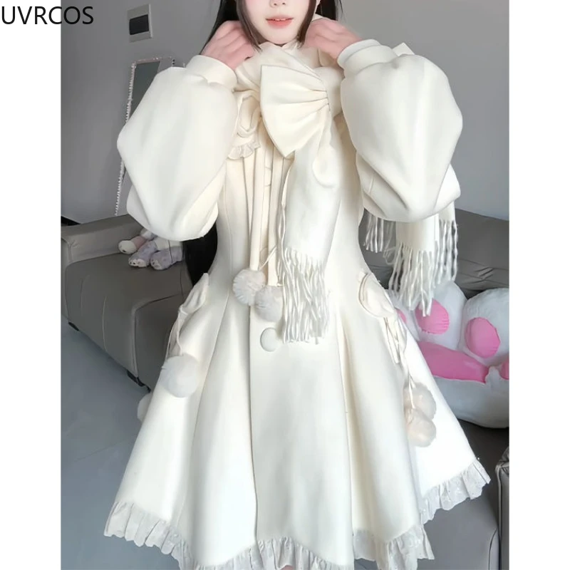 Japanese Kawaii Cute Woolen Coat Women Sweet Ruffles Peter Pan Collar Slim Cotton Bow Scarf Jacket Female Winter Parkas Coats