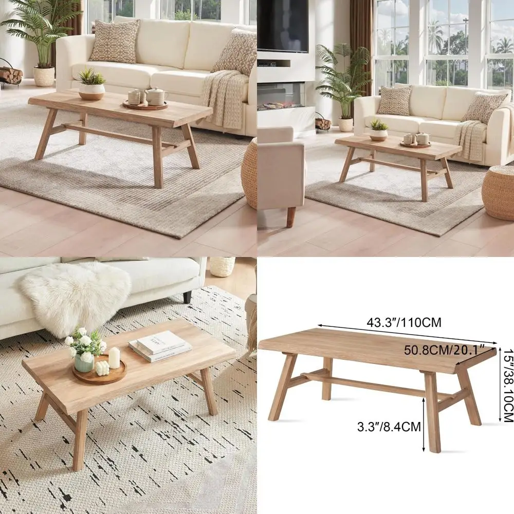 

Rustic Rectangular Solid Wood Coffee Table for Living Room, Natural Farmhouse Style Center Table