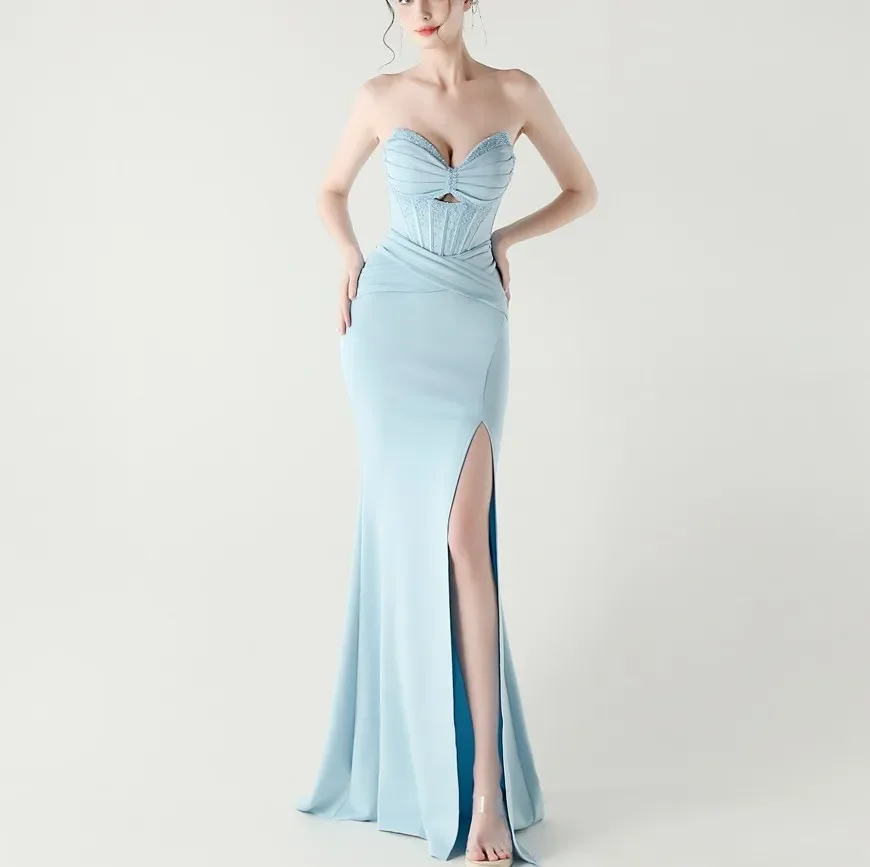 

Elegant Sky Blue Evening Birtnday Dress Sweetheart Beading Silt Mermaid Satin Prom Formal Party Gowns Gala Robe De Soriee