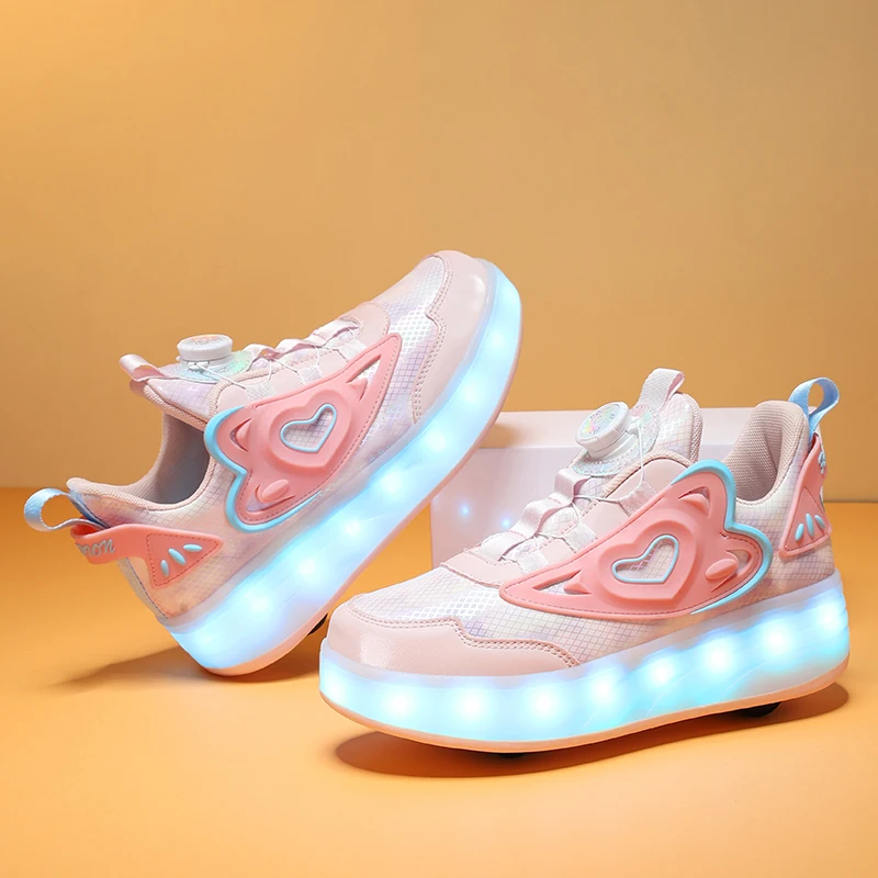 Children LED Light Sneakers 4 Wheels Luminous Shoes with Wheels Lights Rechargeable Girls Boys Women Kids Roller Skates Shoes