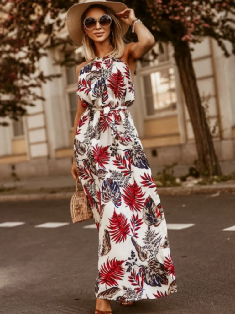 แฟชั่นฤดูร้อนแขนกุดลูกไม้ขึ้น O-คอผู้หญิงแต่งตัวหลวมดอกไม้พิมพ์ชุดลําลองยาว