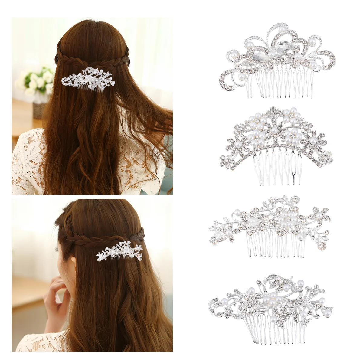 

4pcs Rhinestone Hair Comb Pearl Diamond Headdress Wedding Bridal Hair Accessory Shiny Durable For Party Prom Anniversary Gift