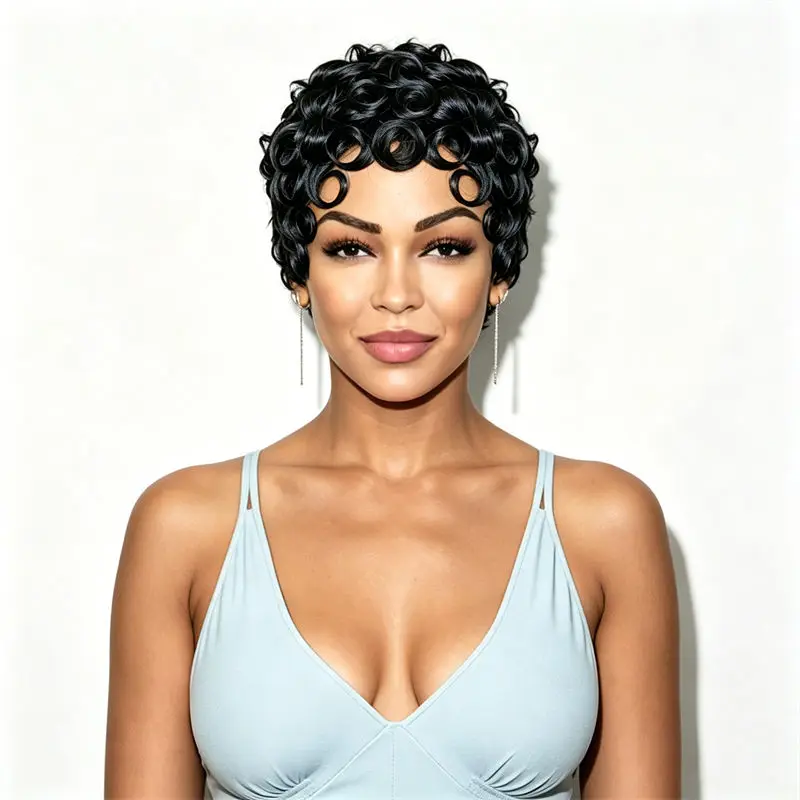 

Brazilian Human Hair Short Curly Wig For Women Pixie Cut Brazilian Remy full machine made With Bangs Ultra Lightweight Festivals