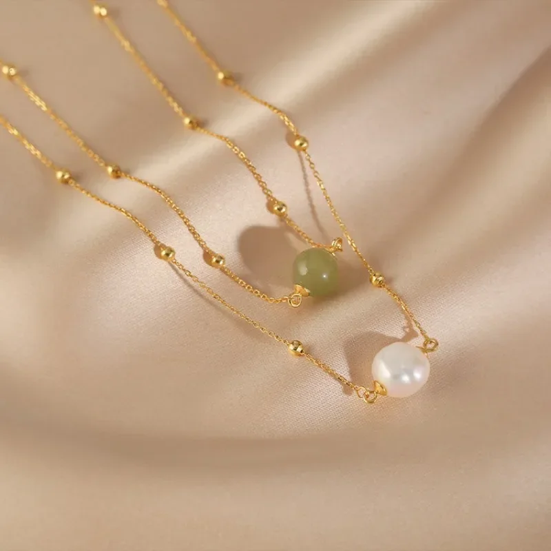 Minar Exquisite Single Green Natural Stone Jade Freshwater Pearl Pendant Necklaces For Women Real Gold Plated Copper Chokers