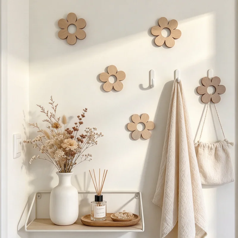 New DIY Floral Pattern Wooden Wall Stickers Hangable Self Adhesive 3D Wall Decor With Double Sided Tape And Cord For Kids Room