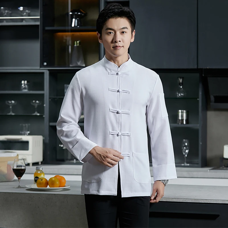 เสื้อเชฟผ้าลินินสีเทา เสื้อแจ็คเก็ตครัวสีดำขาว ชุดยูนิฟอร์มสำหรับงานจัดเลี้ยง โรงแรม ซูชิ เสื้อเชฟร้านอาหาร ชุดทำงานร้านเบเกอรี่ เสื้อพนักงาน