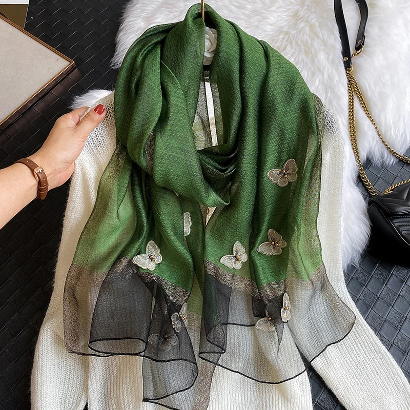 2024 Luxury Silk Shawl Scarf for Women Design Embroidery Flowers Hijab Wraps Bufandas Female Headkerchief Fouloud Echarpe