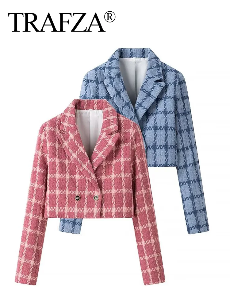 TRAFZA Autumn Women Fashion Turn-down Collar Long Sleeve Button Decoration Female Small Fragrant Style Plaid Blazer Coat 2-color