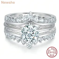 Newshe Luxury Solid 925 Sterling Silver Wedding Engagement Rings for Women High Grade Cubic Zircon Guard Band BR1167