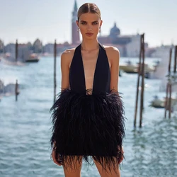 GORAFASHION Cocktail Prom Short Dress Women Luxury Black Feathers Fashion Design Mini Celebrity Party Dresses