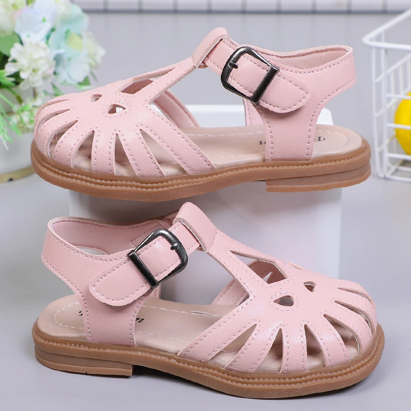 Girls Sandals Cut-outs T-strap Hollow Children Princess Sandals for Girls Soft Sweet Classic High Quality Toe-capped Anti-kick